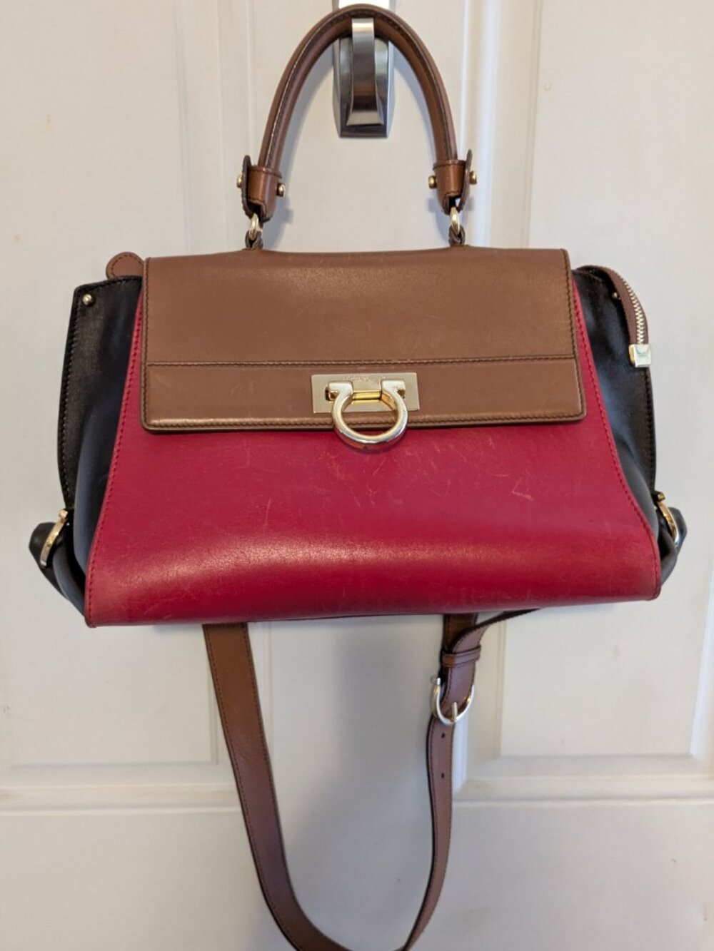 SALVATORE FERRAGAMO "Sofia" Satchel Tri Color Gold Hardware Handbag